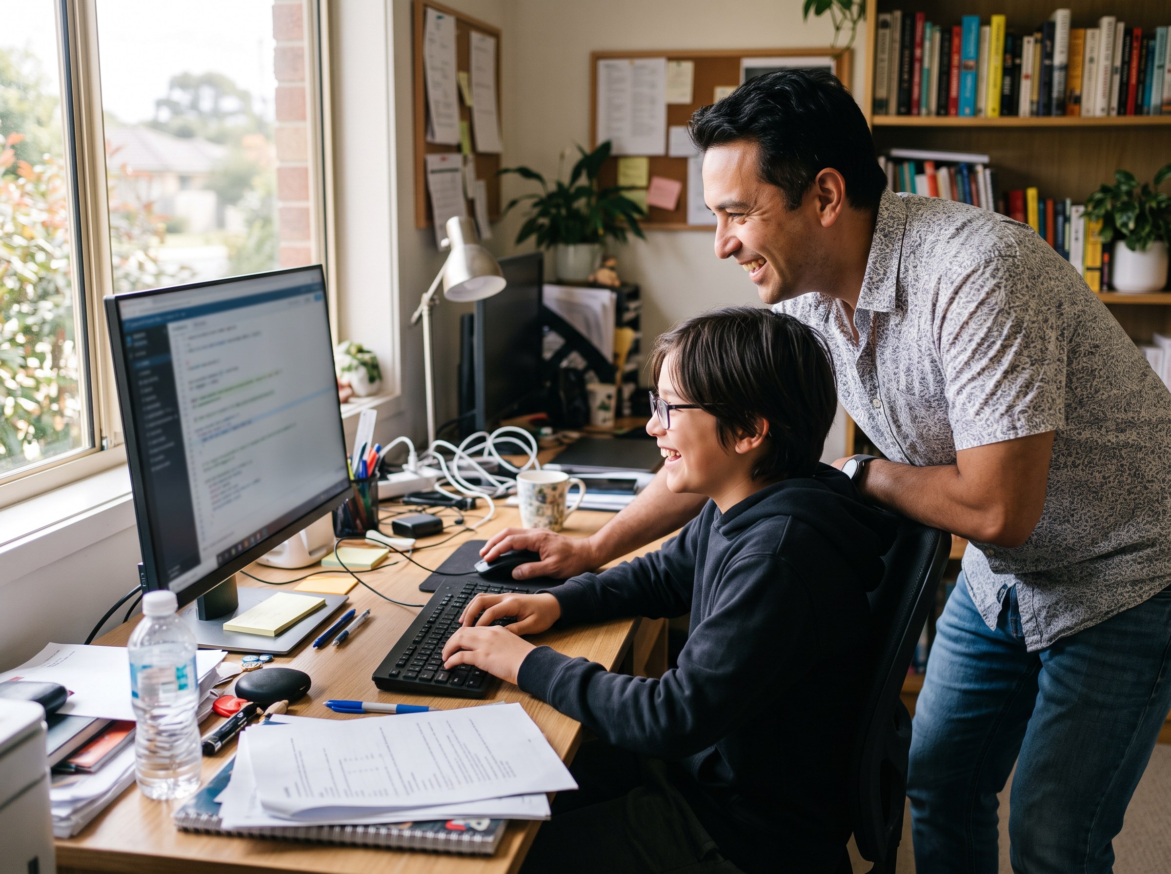 A dad leaning in to help his smiling teenage son, who is typing at a desktop computer in a bright home study